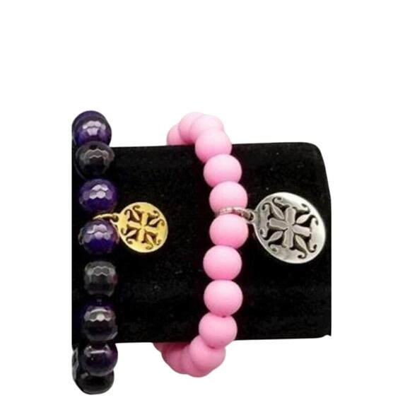 Rustic Cuff PURPLE ONYX BEADS w/ Gold accents & logo Stretch Stacking Bracelet - Picture 2 of 12